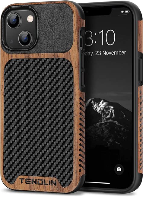 Tendlin Compatible With Iphone 14 Case Wood Grain With Carbon Fiber