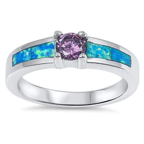 Round Amethyst Cz Stone With Blue Simulated Opal Set In Band Sterling