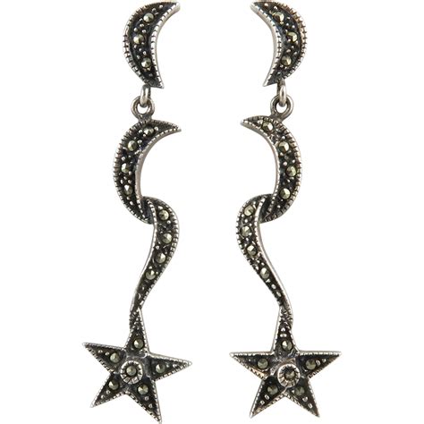 Long Moon And Star Marcasite Sterling Silver Earrings Silver Ring