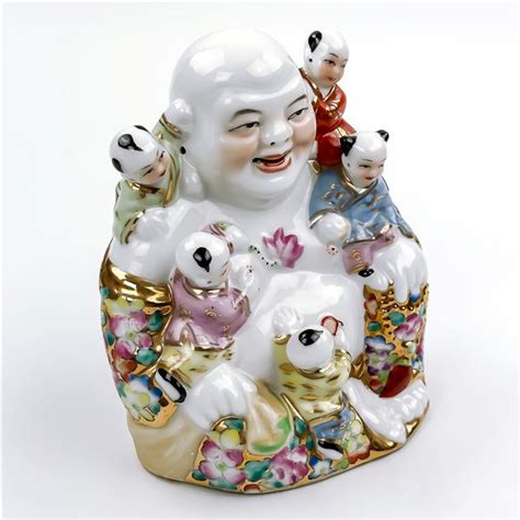 Vintage Porcelain Laughing Buddha With Five Kids