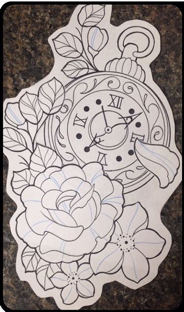 Outline Rose And Clock Tattoo Stencil Best Tattoo Ideas