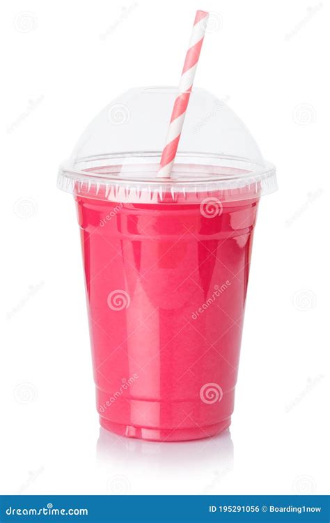 Fruit Juice Strawberry Smoothie Straw Drink Beverage Strawberries Cup Isolated On White Stock