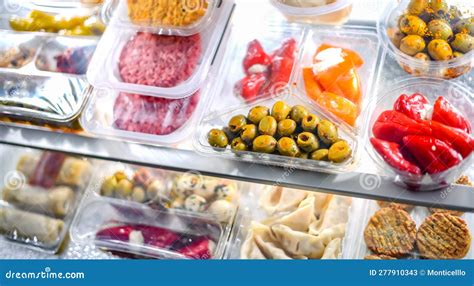 Variety Of Prepackaged Food Products In Plastic Boxes Stock Image