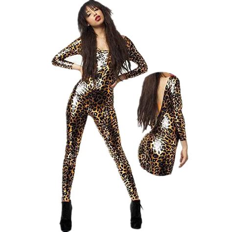 women leopard print jumpsuit vinyl leather 2015 fashion sexy latex catsuit ladies bodysuit w7951