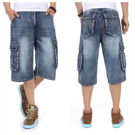 2019 Wholesale Muiti Pocket Knee Length Denim Shorts For Men Summer Hip Hop Dance Loose Fit Man