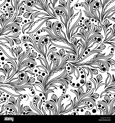 Black And White Seamless Pattern With Doodle Herbal Elements Hand