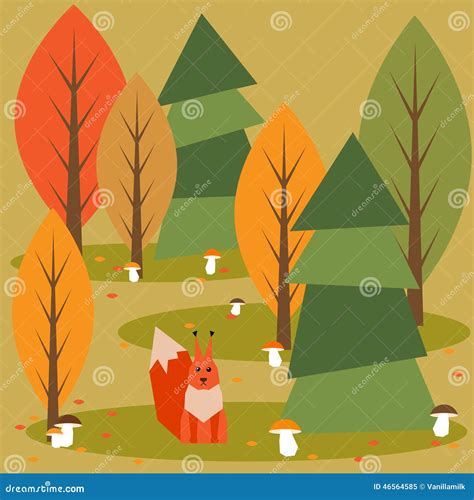 Funny Bright Colored Cartoon Autumn Forest With Animals Stock Vector