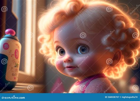 Cute Cartoon Female Child Getting Ready To Sleep On Pink Bedroom Bed