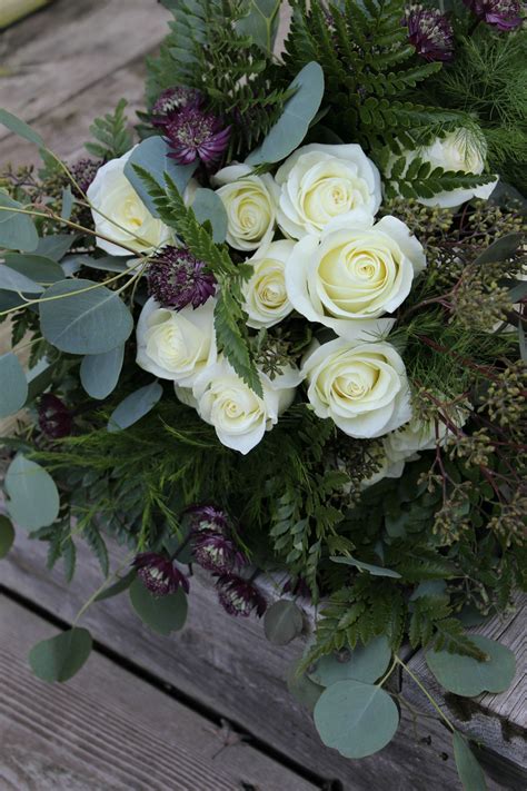Large White Rose And Greenery Bridal Bouquet With Purple Accents
