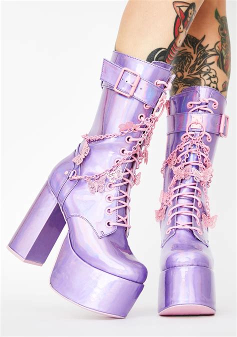 Club Exx Holographic Butterfly Chain Platform Boots Purple Heels