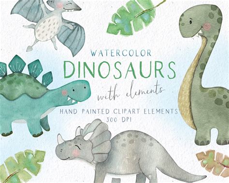 Watercolor Dinosaurs Clipart Watercolor Baby Dinosaurs Etsy