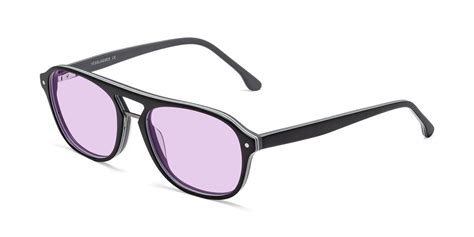 Matte Black Grandpa Acetate Aviator Tinted Sunglasses With Light Purple Sunwear Lenses 17416