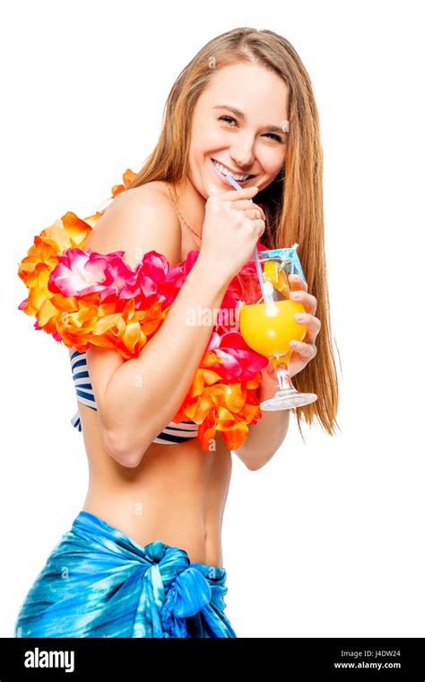 Happy Girl In Bikini With Decoration From Flowers Drinking Cocktail On White Background Stock