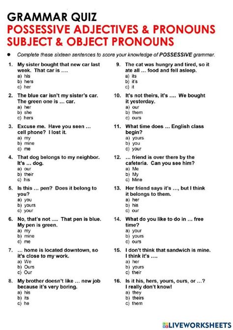 Possesive Adjectives And Pronouns Subject And Object Pronouns Worksheet