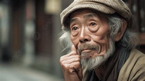 Beautiful Photo Of An Old Asian Man With His Hand On His Chin Background Ah A Man With An
