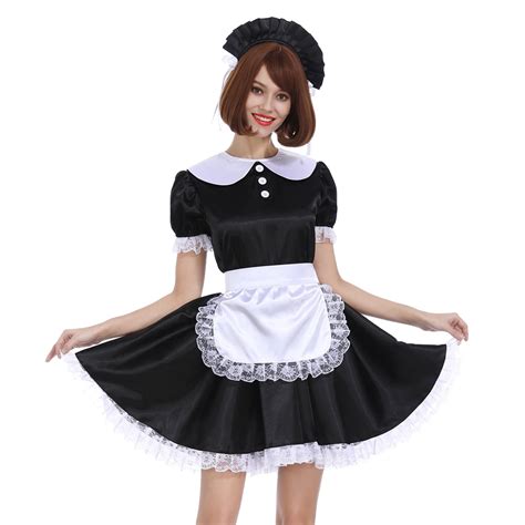 Buy Women Sissy Maid Black White Shiny Satin Lockable Dress Uniform Crossdresser Online At