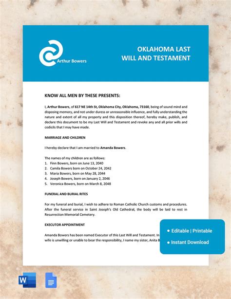 Oklahoma Last Will And Testament Template In Gdocslink Ms Word