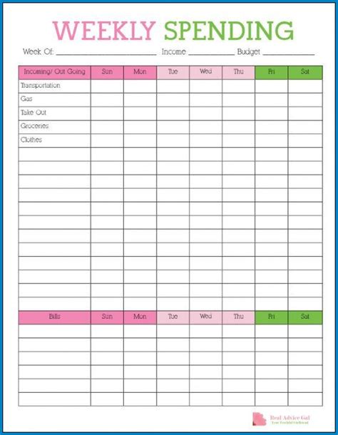 Printable Weekly Budget Template