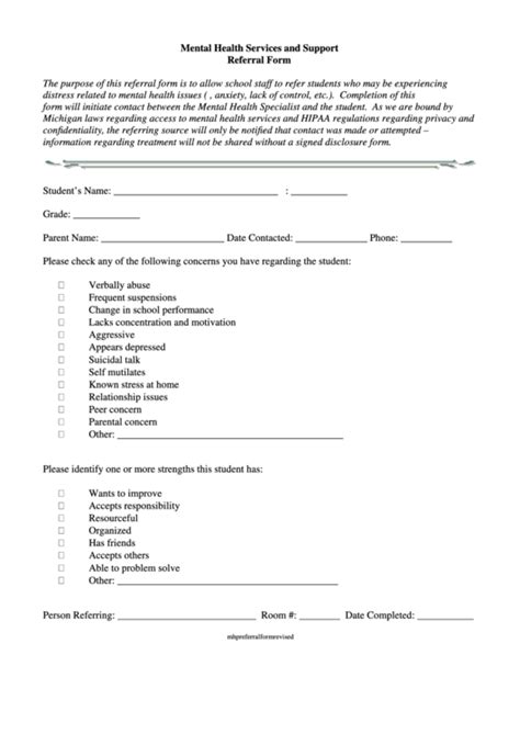 mental health services  support referral form printable