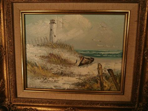 Vintage Framed Lighthouse Seascape Oil Painting Artist Signed Gilbert