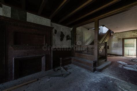 Derelict Foyer Fireplace Staircase Abandoned Dunnington Mansion