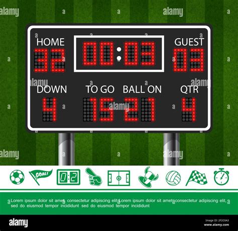 Colorful Sport Concept With American Football Scoreboard On Green Field