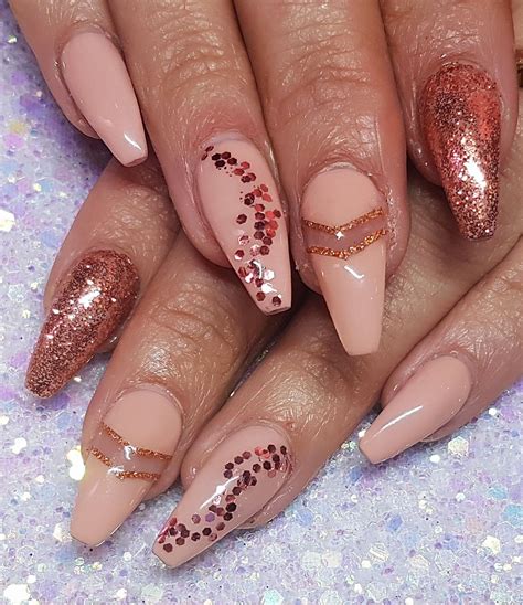 Rose Gold Acrylic Sculpted Nails With Glitter And Chevrons Sculpted