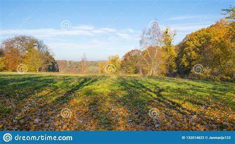 Rural Hilly Landscape In Fall Colors In Sunlight In Autumn Stock Photo