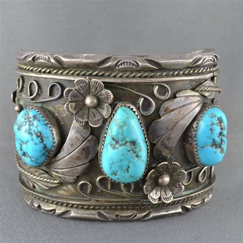 Signed Vintage Navajo Sterling Silver And Turquoise Bangle Etsy