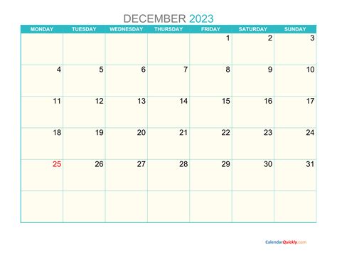 December Monday 2023 Calendar Printable Calendar Quickly