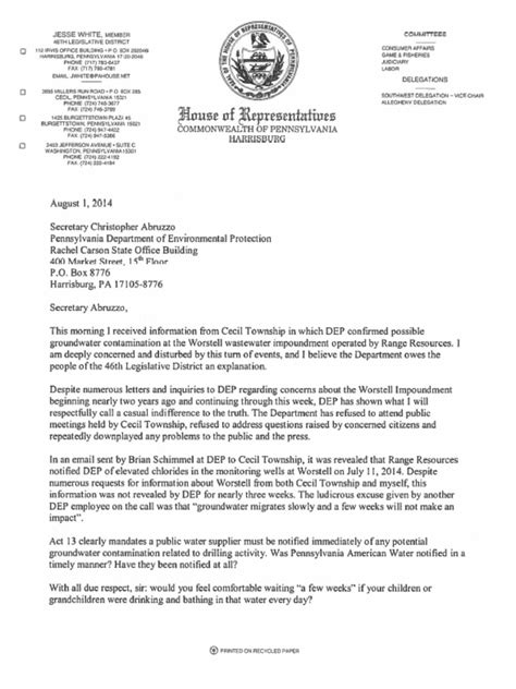Communication through exchange of letters is known as correspondence. Letter to PA DEP Secretary Abruzzo regarding wastewater contamination issues at Worstell ...