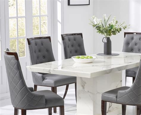 Stylish White Marble Dining Table With 6 Grey Chairs Homegenies