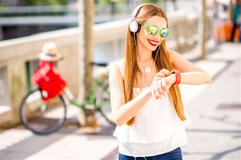 Woman Listening To The Music On The Street Stock Image Image Of Smile