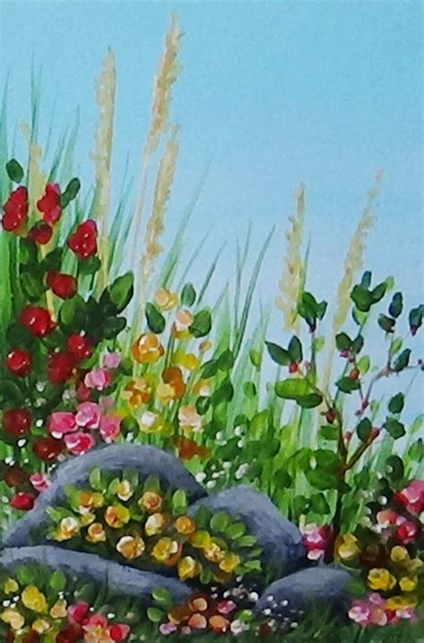 Easy Acrylic Painting Of A Rock Garden With Blooming Spring Flowers