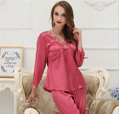 Lisacmvpnel Womens Rayon Silk Embroidery Pajamas V Neck Sexy Pajama Set Long Sleeve Soft