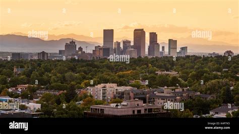 Denver Skyline At Sunset Stock Photo Alamy
