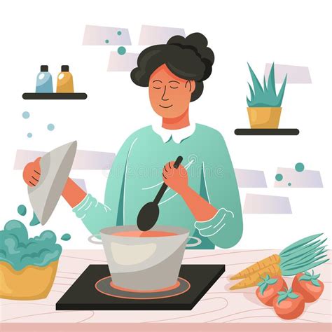 A Woman Cooking Soup On A Stove Vector Cartoon Illustration Stock