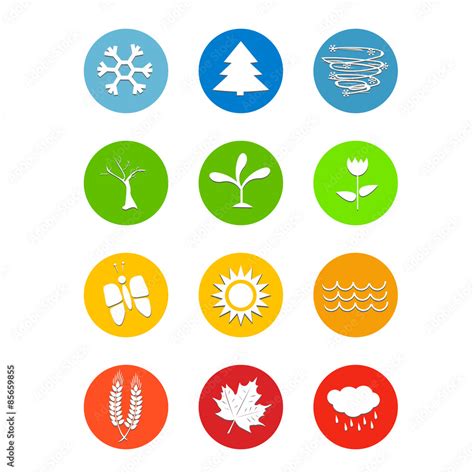 Set Of 12 Months Calendar Icons Weather Four Seasons Stock Vector