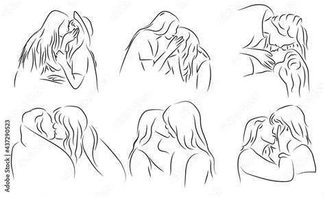 Lesben Küsse Liebespaar Lesbian Kisses Couple Lgbtq Bi Kontur Zeichnungen Vektor Grafik Lineart