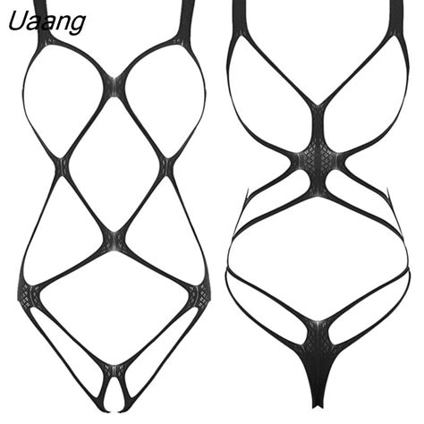 Uaang Bodystocking Open Crotch Hollow Out Women Bodycon Jumpsuit Tights