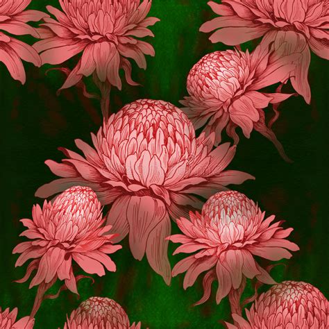 Seamless Wallpaper Ginger Flowers On Watercolor Background Stock
