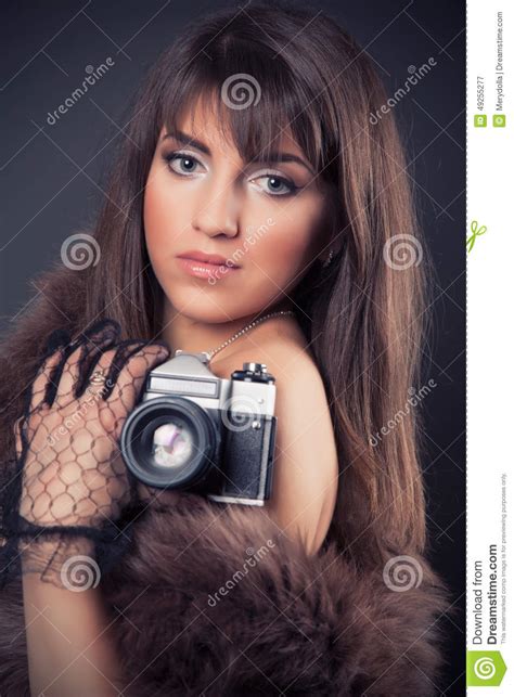 Retro Woman Holding Vintage Camera Stock Image Image Of Beautiful