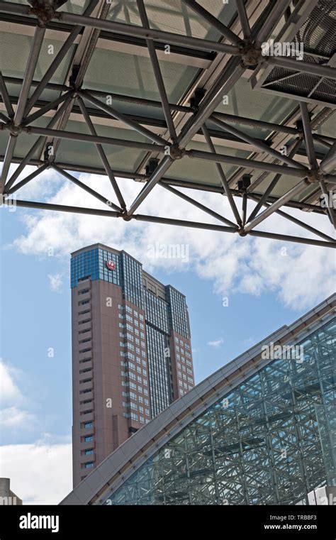 Glass Roof And Metal Frame Of Kanazawa Bus Station Japan With Jal Hotel Building In Background