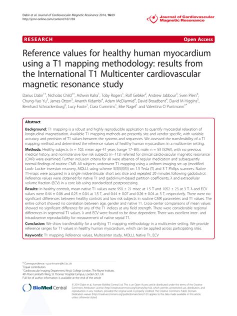 Pdf Reference Values For Healthy Human Myocardium Using A T1 Mapping
