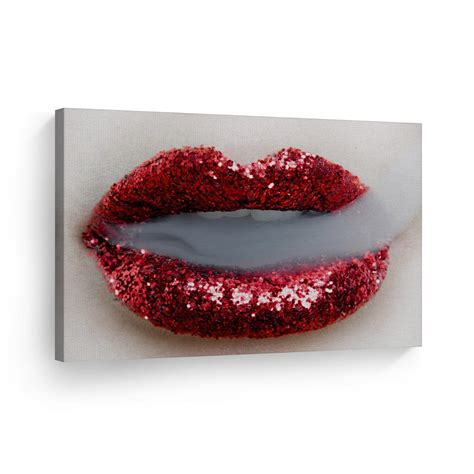 Smile Art Design Sexy Lips Canvas Print Woman Red Lip Shiny Glitter And Smoke Artwork Home Decor