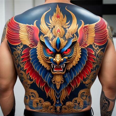 Premium Free Ai Images Tattoo Garuda Thai Modern Full Back Red Blue