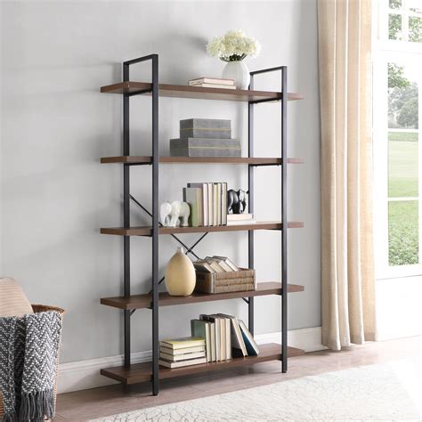 Industrial Bookcase Open Etagere Wood And Metal Bookshelf 4 Colors 3