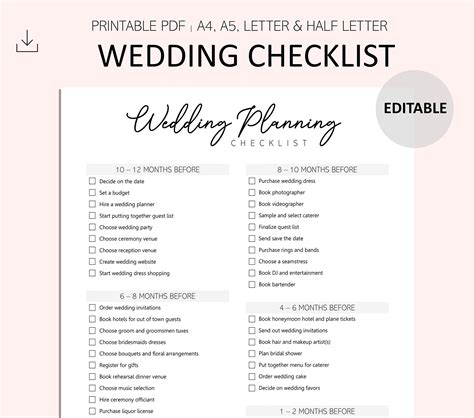 Editable Wedding Planning Checklist Wedding Planning Printable Wedding