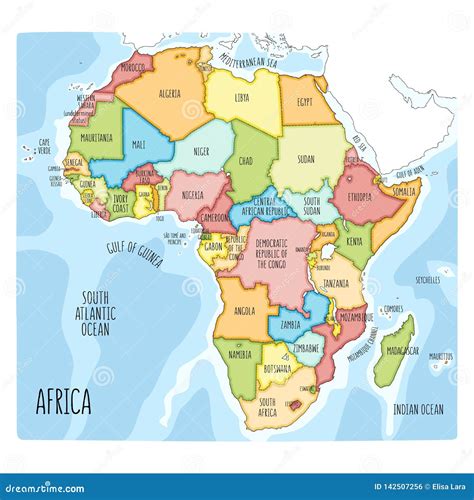 Colorful Hand Drawn Political Map Of Africa Vector Illustration