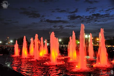 Colored Red Light Fountains In Victory Park Against Dusk Sky Artlook